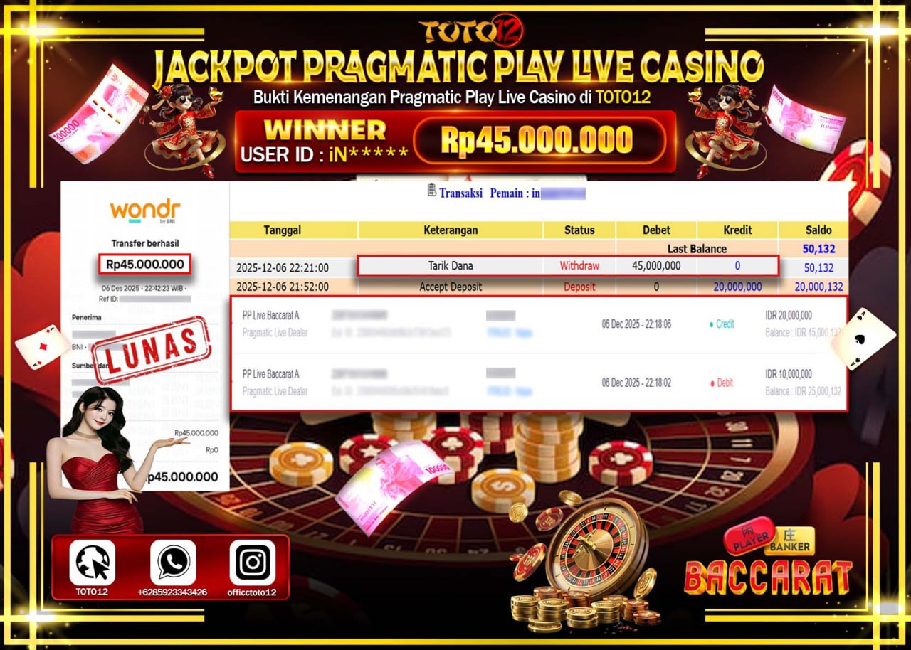 HANYA DI TOTO12 JP PASTI DI BAYAR LUNAS DAN CEPAT!!!!!! JACKPOT PRAGMATIC PLAY LIVE CASINO (LIVE BACCARAT) Rp.45.000.000 !!!!