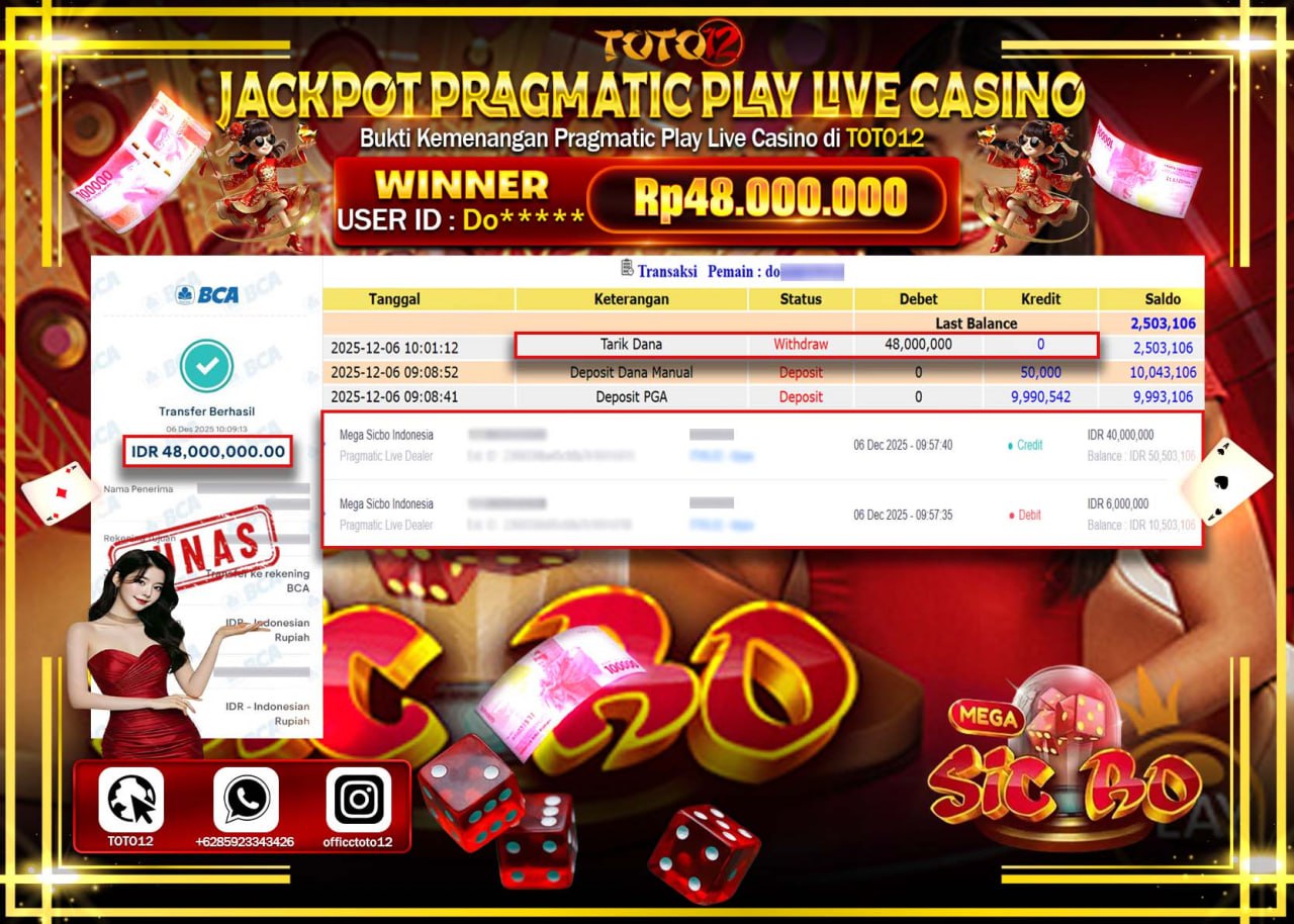 HANYA DI TOTO12 JP PASTI DI BAYAR LUNAS DAN CEPAT!!!!!! JACKPOT PRAGMATIC PLAY LIVE CASINO (MEGA SIC BO) Rp.48.000.000 !!!!