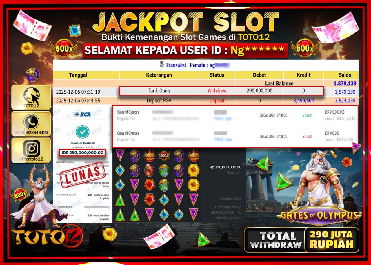 HANYA DI TOTO12 JP PASTI DI BAYAR LUNAS DAN CEPAT!!!!!! JACKPOT SLOT GAME (GATES OF OLYMPUS) Rp.290.000.000 !!!!