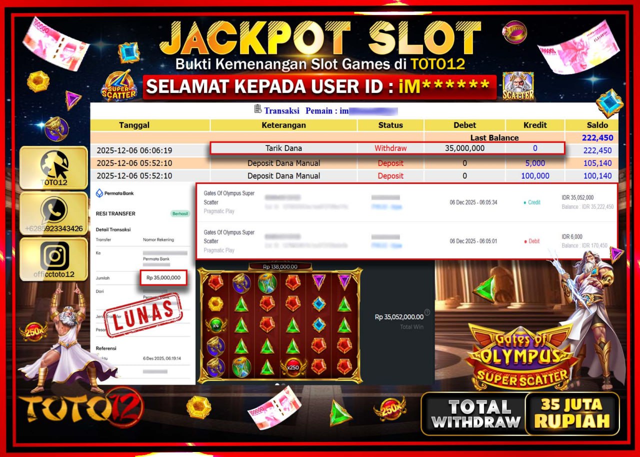 HANYA DI TOTO12 JP PASTI DI BAYAR LUNAS DAN CEPAT!!!!!! JACKPOT SLOT GAME (GATES OF OLYMPUS SUPER SCATTER) Rp.35.000.000 !!!!