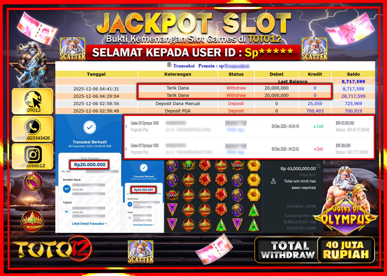 HANYA DI TOTO12 JP PASTI DI BAYAR LUNAS DAN CEPAT!!!!!! JACKPOT SLOT GAME (GATES OF OLYMPUS) Rp.40.000.000 !!!!