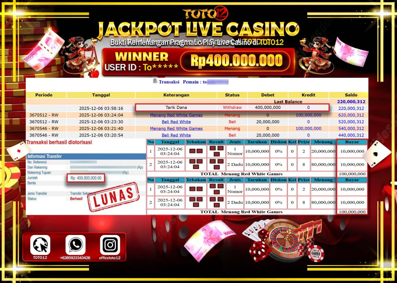 HANYA DI TOTO12 JP PASTI DI BAYAR LUNAS DAN CEPAT!!!!!! JACKPOT LIVE CASINO (RED WHITE GAMES) Rp.400.000.000 !!!!