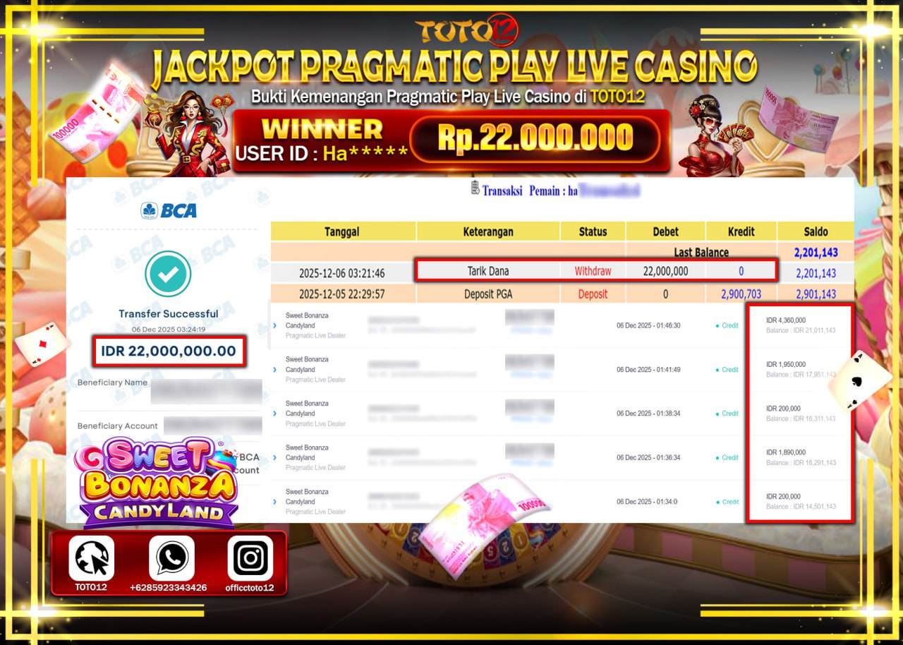 HANYA DI TOTO12 JP PASTI DI BAYAR LUNAS DAN CEPAT!!!!!! JACKPOT PRAGMATIC PLAY LIVE CASINO (SWEET BONANZA CANDYLAND) Rp.22.000.000 !!!!