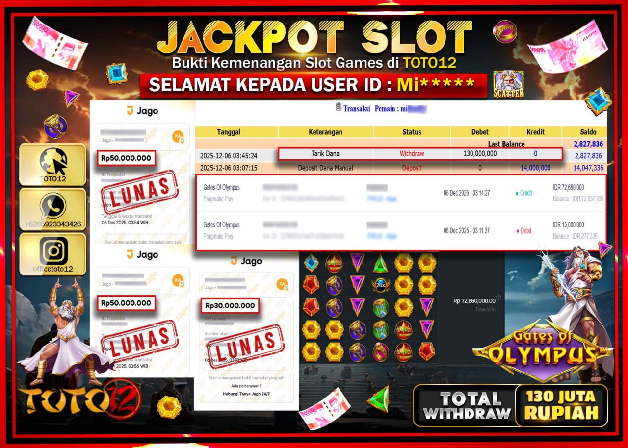 HANYA DI TOTO12 JP PASTI DI BAYAR LUNAS DAN CEPAT!!!!!! JACKPOT SLOT GAME (GATES OF OLYMPUS) Rp.130.000.000 !!!!