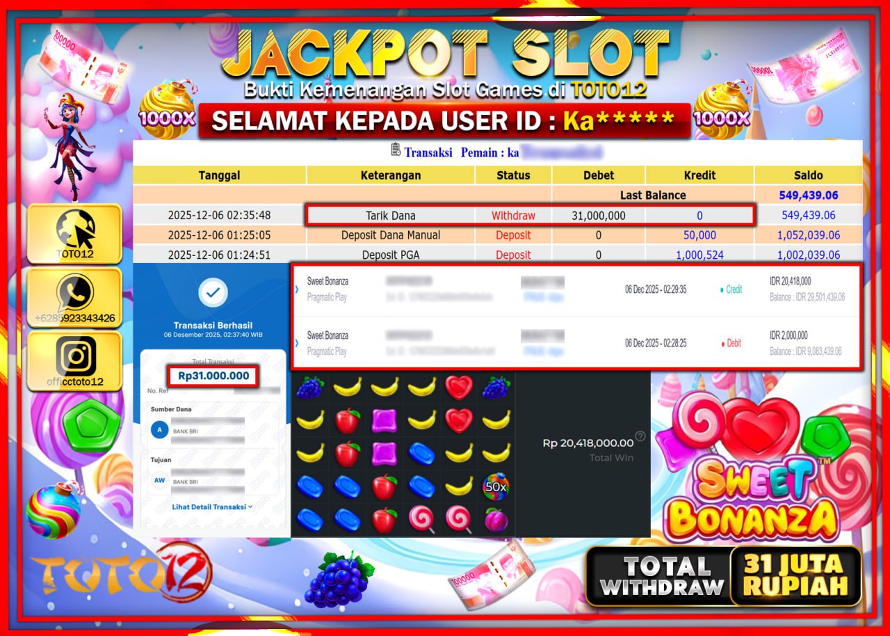 HANYA DI TOTO12 JP PASTI DI BAYAR LUNAS DAN CEPAT!!!!!! JACKPOT SLOT GAME (SWEET BONANZA) Rp.31.000.000 !!!!
