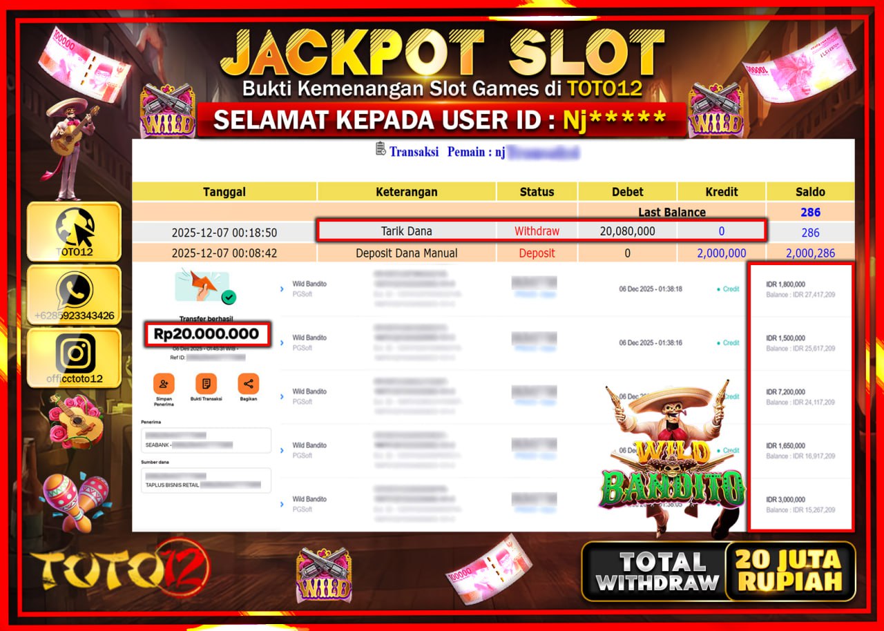 HANYA DI TOTO12 JP PASTI DI BAYAR LUNAS DAN CEPAT!!!!!! JACKPOT SLOT GAME (WILD BANDITO) Rp.20.080.000 !!!!