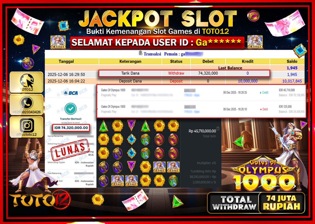 HANYA DI TOTO12 JP PASTI DI BAYAR LUNAS DAN CEPAT!!!!!! JACKPOT SLOT GAME (GATES OF OLYMPUS 1000) Rp.74.320.000 !!!!