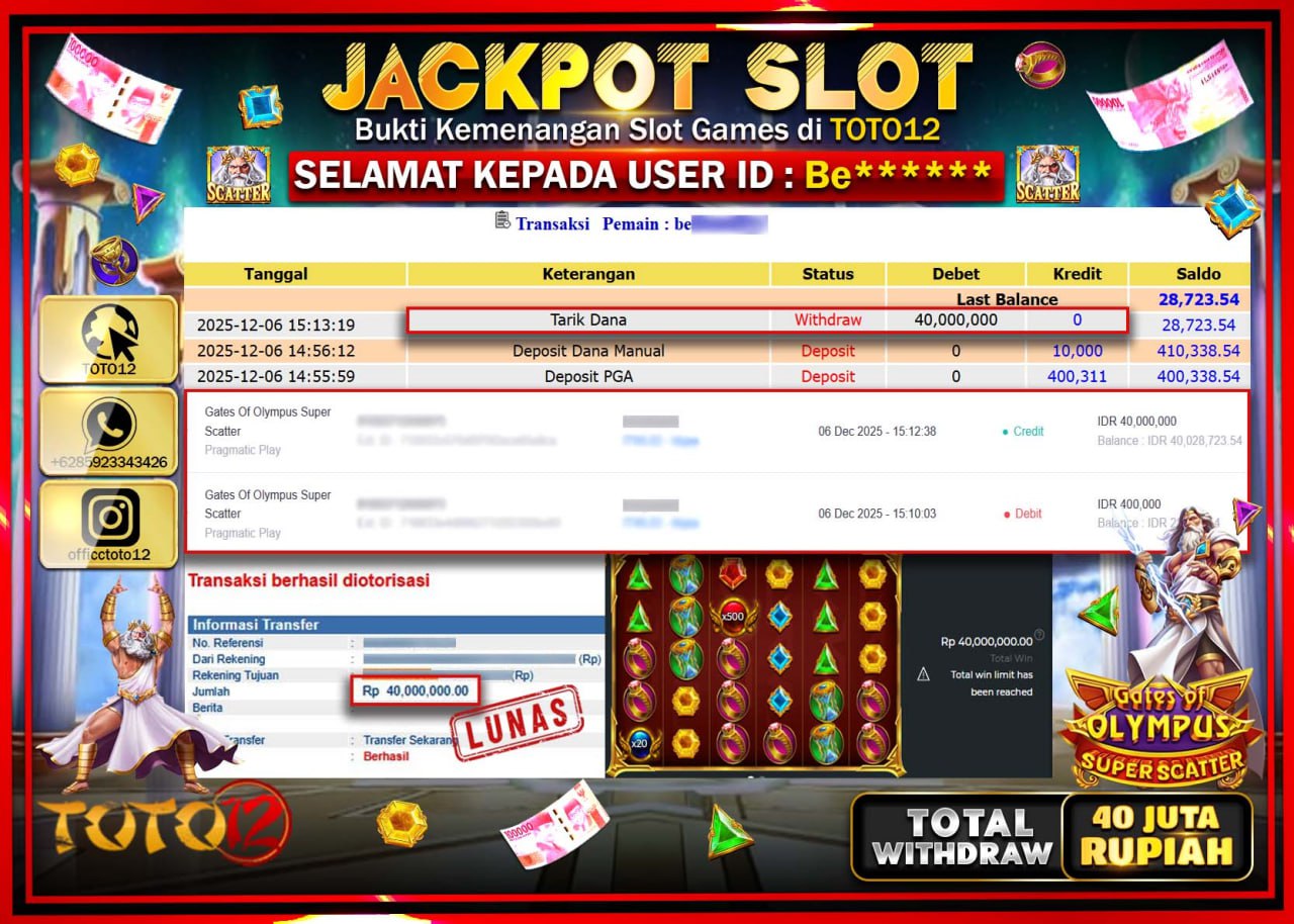 HANYA DI TOTO12 JP PASTI DI BAYAR LUNAS DAN CEPAT!!!!!! JACKPOT SLOT GAME (GATES OF OLYMPUS SUPER SCATTER) Rp.40.000.000 !!!!
