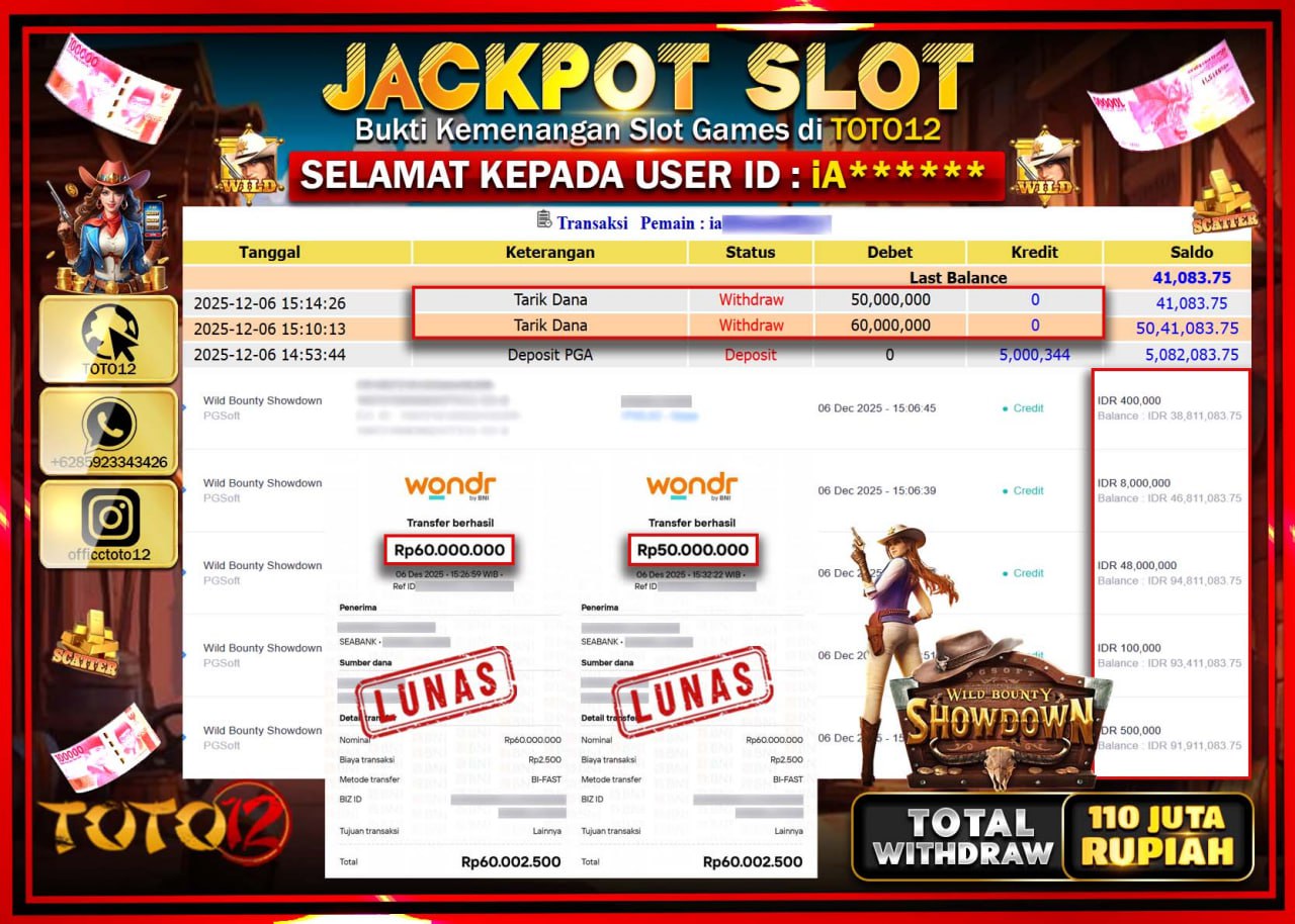 HANYA DI TOTO12 JP PASTI DI BAYAR LUNAS DAN CEPAT!!!!!! JACKPOT SLOT GAME (WILD BOUNTY SHOWDOWN) Rp.110.000.000 !!!!