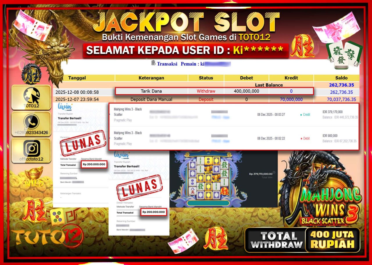 HANYA DI TOTO12 JP PASTI DI BAYAR LUNAS DAN CEPAT!!!!!! JACKPOT SLOT GAME (MAHJONG WINS 3 BLACK SCATTER) Rp.400.000.000 !!!!