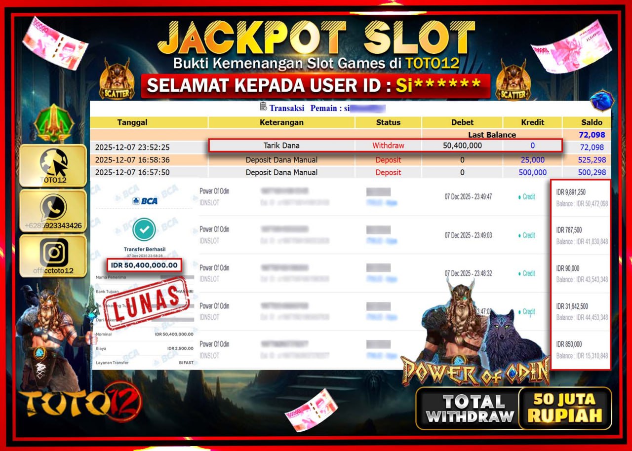 HANYA DI TOTO12 JP PASTI DI BAYAR LUNAS DAN CEPAT!!!!!! JACKPOT SLOT GAME (POWER OF ODIN) Rp.50.400.000 !!!!
