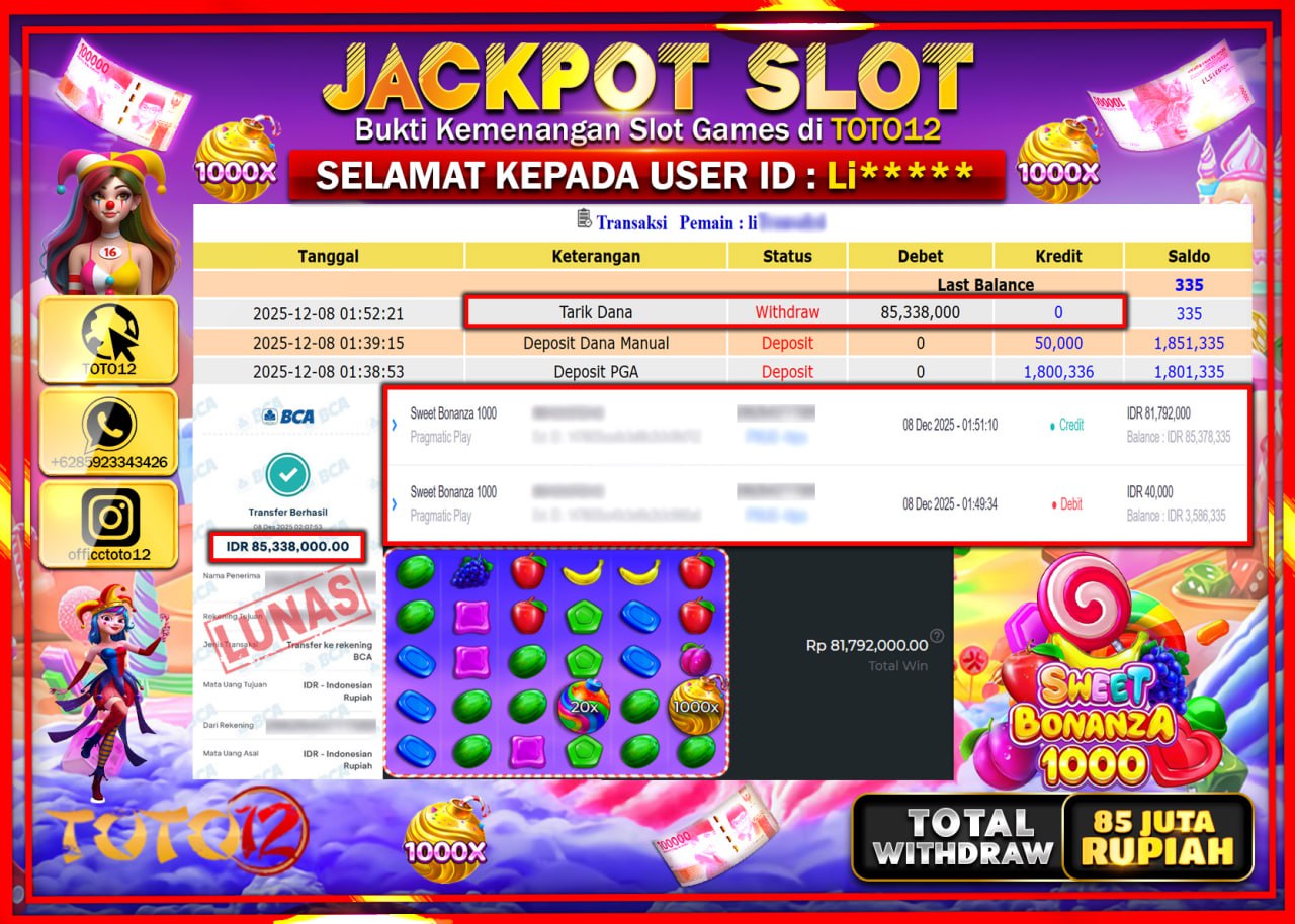 HANYA DI TOTO12 JP PASTI DI BAYAR LUNAS DAN CEPAT!!!!!! JACKPOT SLOT GAME (SWEET BONANZA 1000) Rp.85.338.000 !!!!