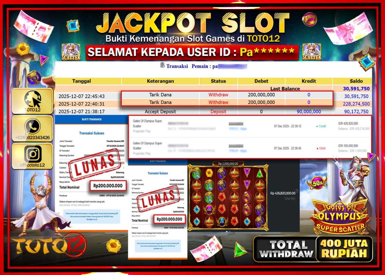 HANYA DI TOTO12 JP PASTI DI BAYAR LUNAS DAN CEPAT!!!!!! JACKPOT SLOT GAME (GATES OF OLYMPUS SUPER SCATTER) Rp.400.000.000 !!!!