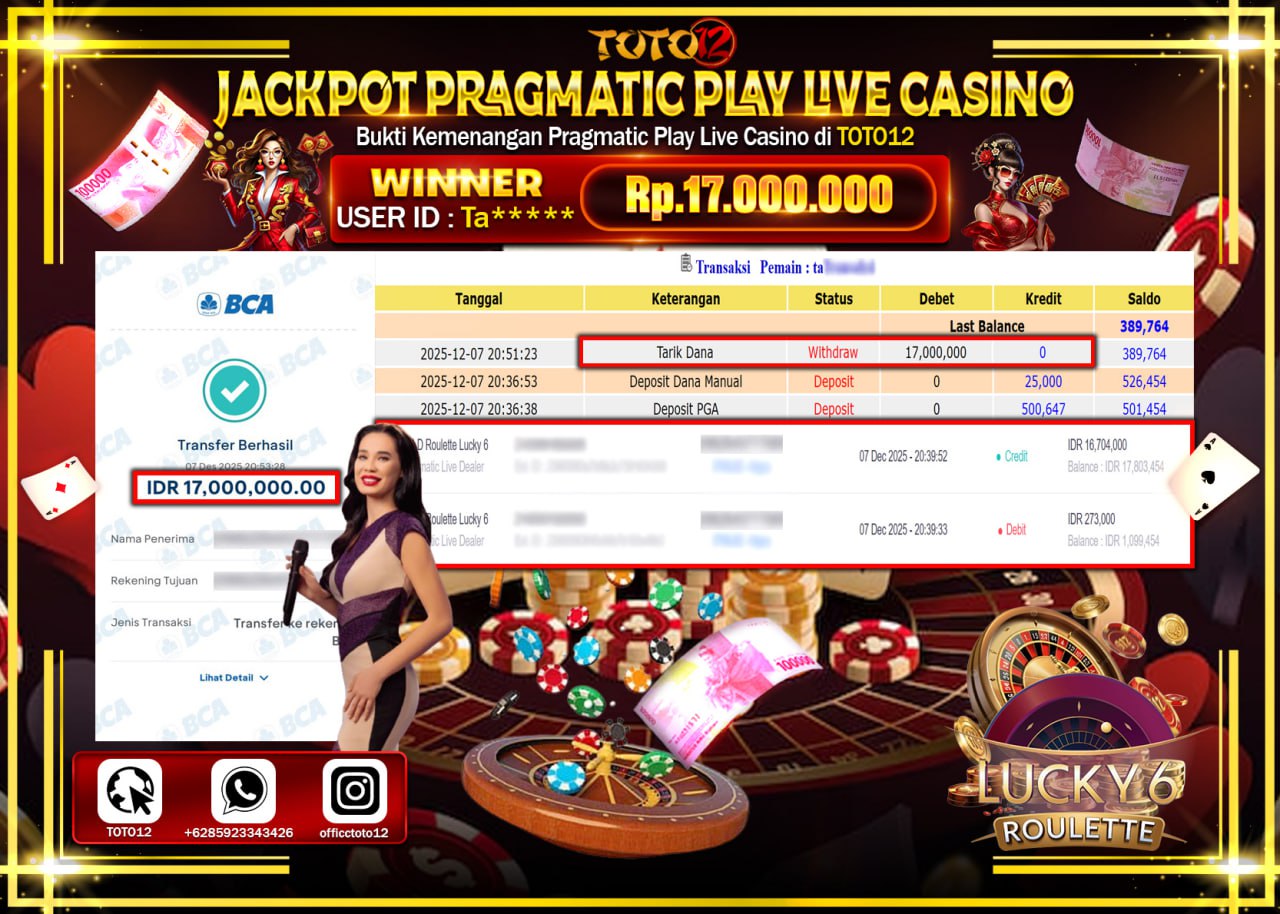 HANYA DI TOTO12 JP PASTI DI BAYAR LUNAS DAN CEPAT!!!!!! JACKPOT PRAGMATIC PLAY LIVE CASINO (ROULETTE LUCKY 6) Rp.17.000.000 !!!!