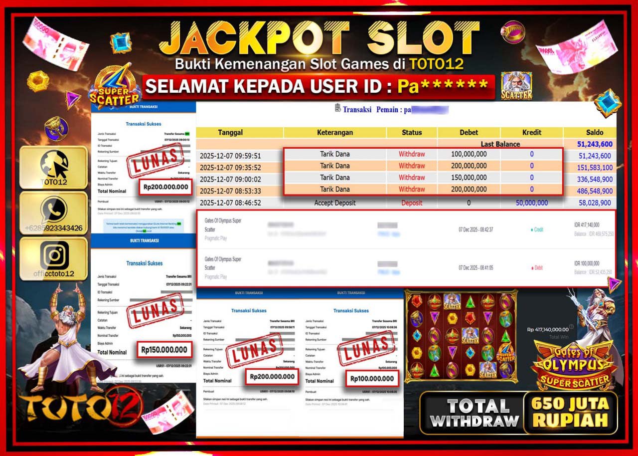 HANYA DI TOTO12 JP PASTI DI BAYAR LUNAS DAN CEPAT!!!!!! JACKPOT SLOT GAME (GATES OF OLYMPUS SUPER SCATTER) Rp.650.000.000 !!!!