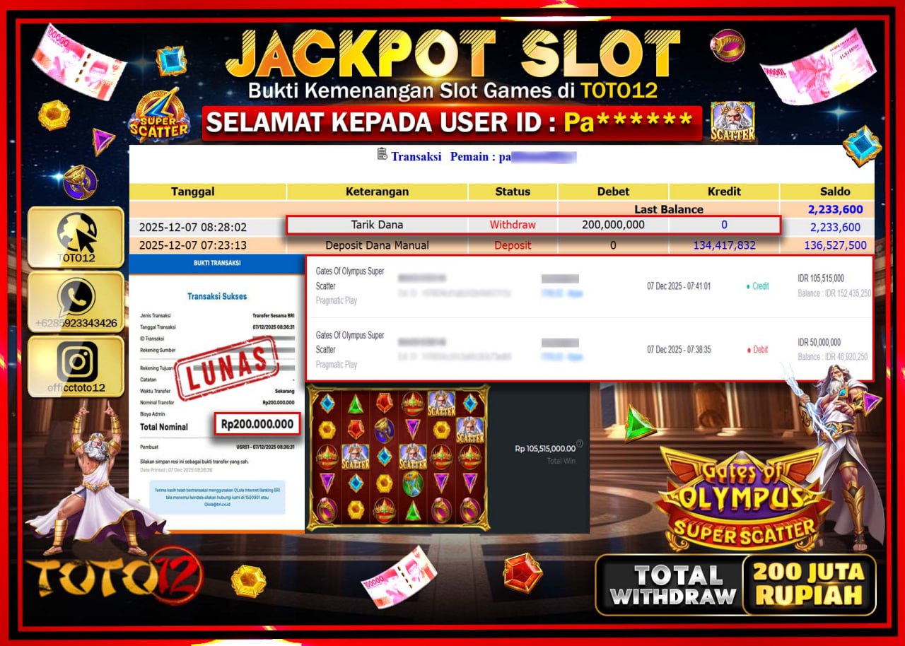 HANYA DI TOTO12 JP PASTI DI BAYAR LUNAS DAN CEPAT!!!!!! JACKPOT SLOT GAME (GATES OF OLYMPUS SUPER SCATTER) Rp.200.000.000 !!!!