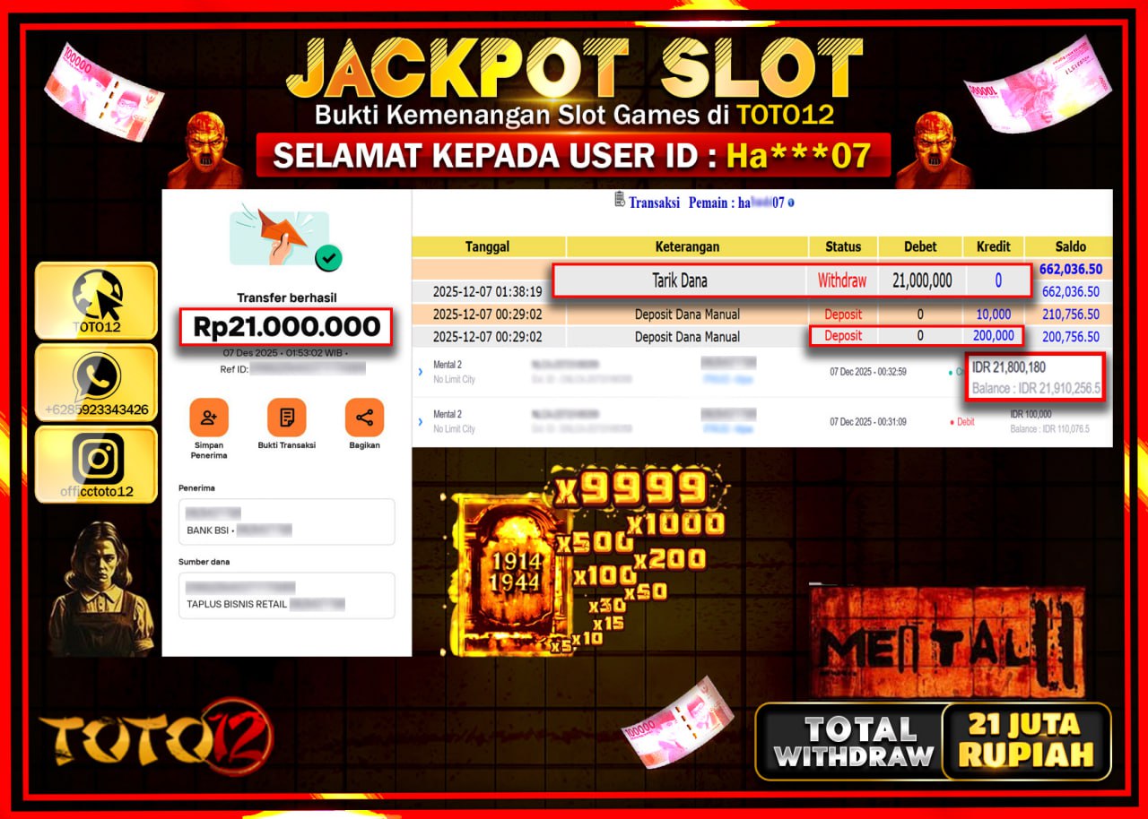 HANYA DI TOTO12 JP PASTI DI BAYAR LUNAS DAN CEPAT!!!!!! JACKPOT SLOT GAME (MENTAL 2) Rp.21.000.000 !!!!