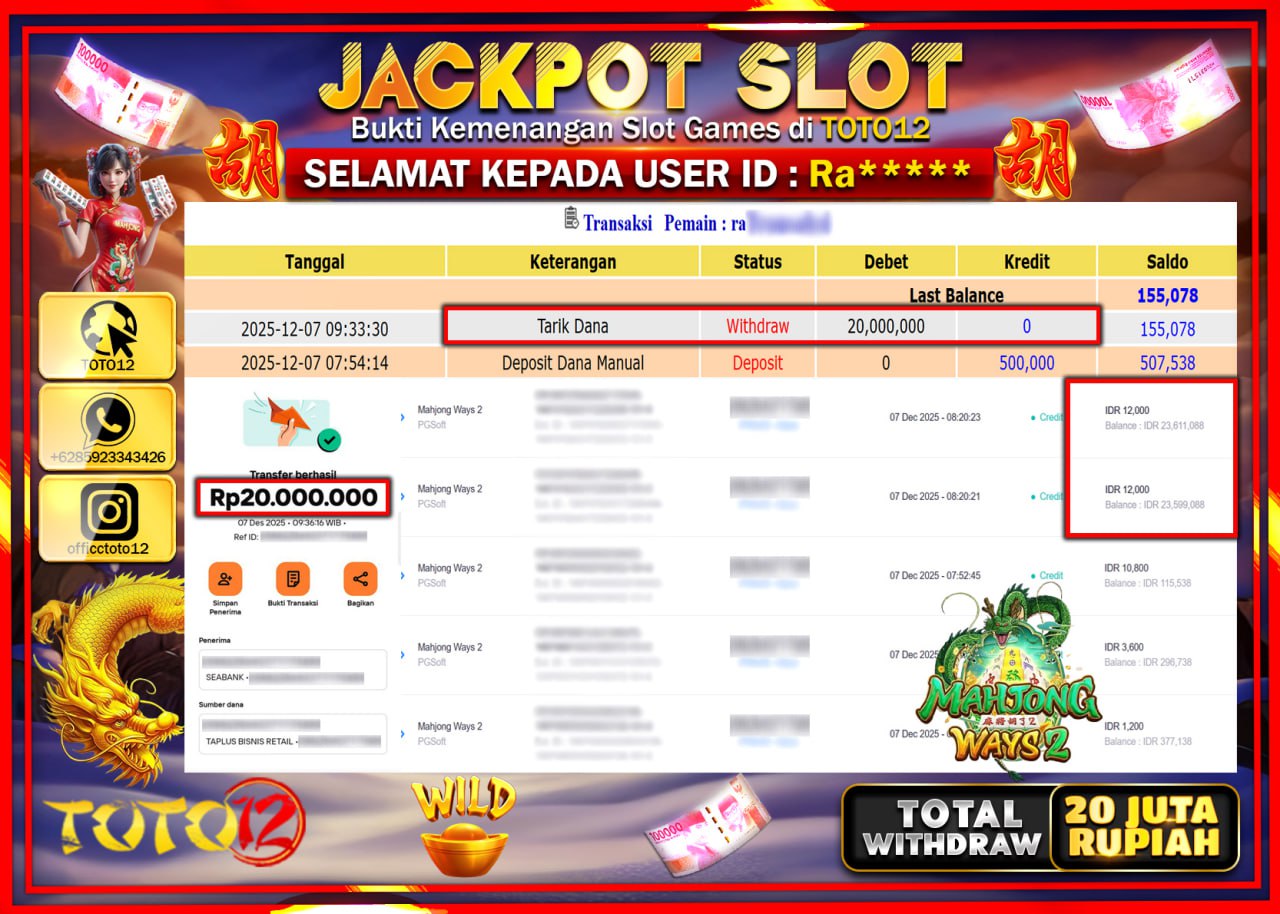 HANYA DI TOTO12 JP PASTI DI BAYAR LUNAS DAN CEPAT!!!!!! JACKPOT SLOT GAME (MAHJONG WAYS 2) Rp.20.000.000 !!!!