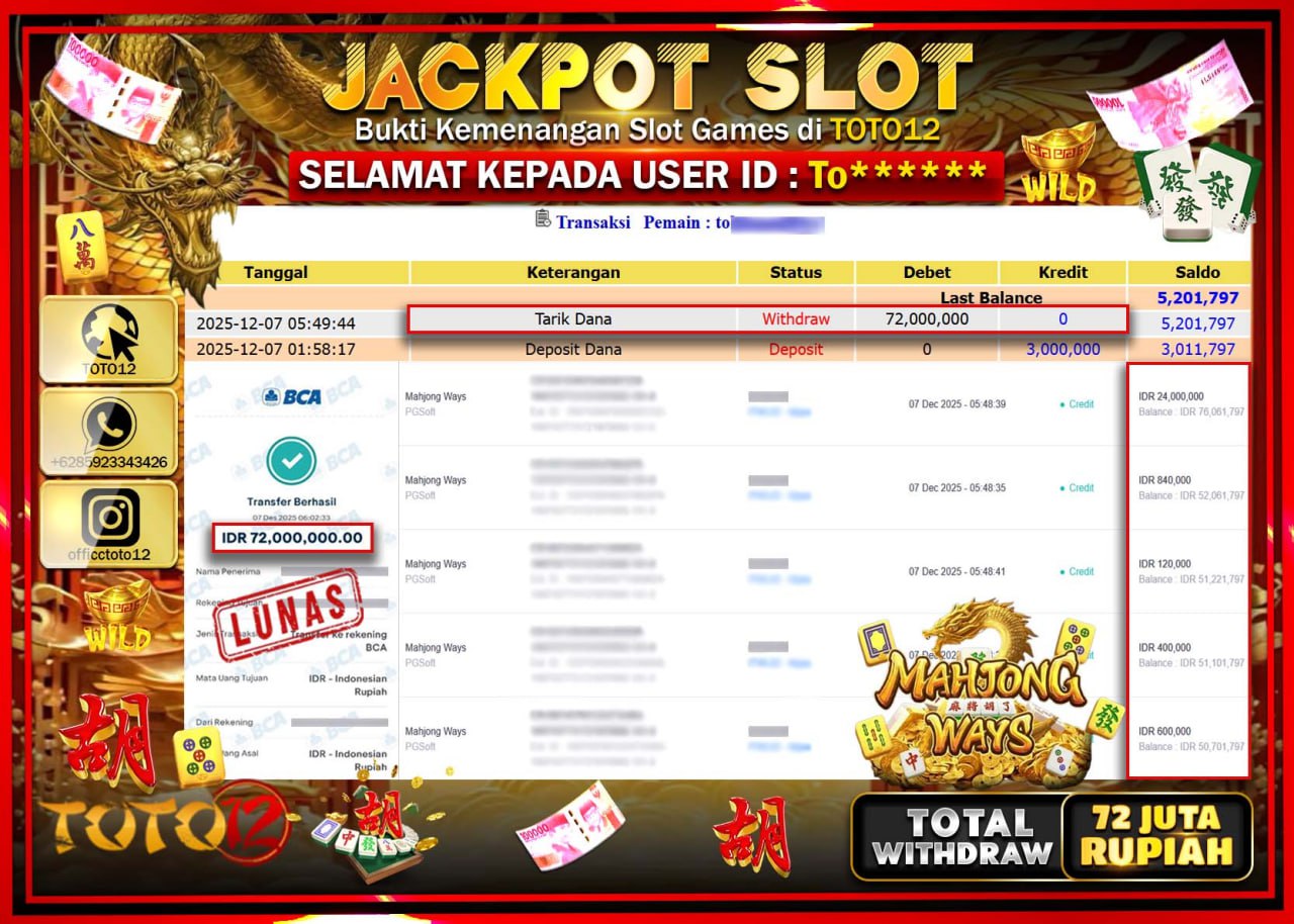 HANYA DI TOTO12 JP PASTI DI BAYAR LUNAS DAN CEPAT!!!!!! JACKPOT SLOT GAME (MAHJONG WAYS) Rp.72.000.000 !!!!