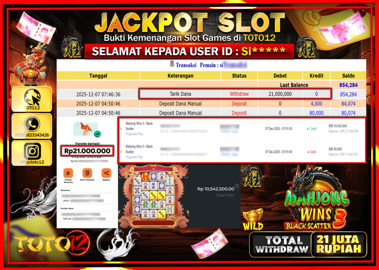 HANYA DI TOTO12 JP PASTI DI BAYAR LUNAS DAN CEPAT!!!!!! JACKPOT SLOT GAME (MAHJONG WINS 3 BLACK SCATTER) Rp.21.000.000 !!!!