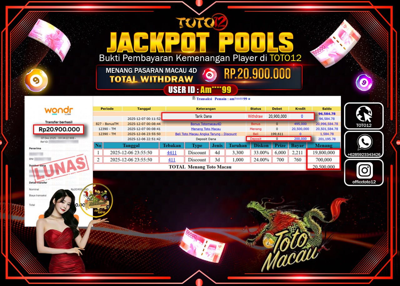 HANYA DI TOTO12 JP PASTI DI BAYAR LUNAS DAN CEPAT!!!!!! JACKPOT POOLS PASARAN (MACAU 4D) Rp.20.900.000 !!!!