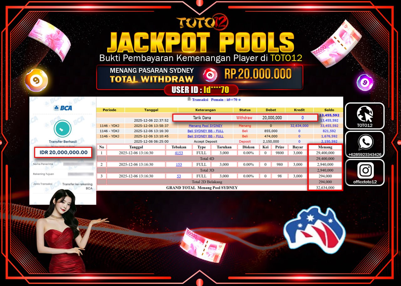 HANYA DI TOTO12 JP PASTI DI BAYAR LUNAS DAN CEPAT!!!!!! JACKPOT POOLS PASARAN (SYDNEY) Rp.20.000.000 !!!!