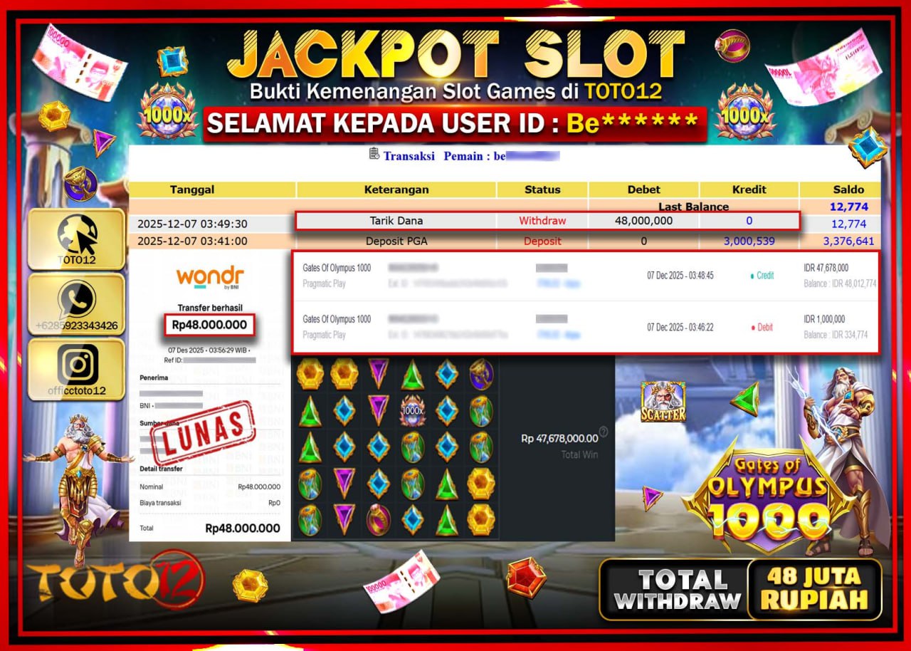 HANYA DI TOTO12 JP PASTI DI BAYAR LUNAS DAN CEPAT!!!!!! JACKPOT SLOT GAME (GATES OF OLYMPUS 1000) Rp.48.000.000 !!!!