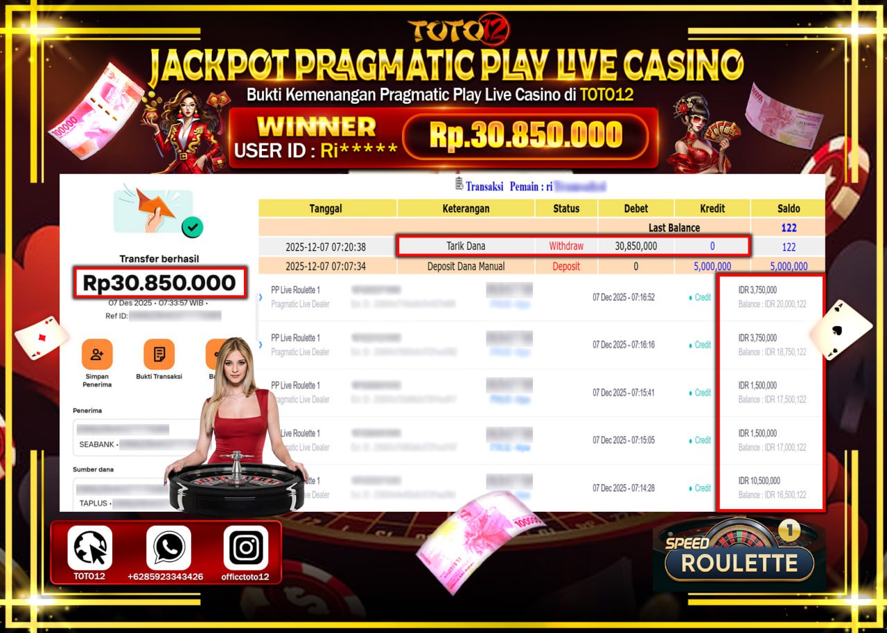 HANYA DI TOTO12 JP PASTI DI BAYAR LUNAS DAN CEPAT!!!!!! JACKPOT PRAGMATIC PLAY LIVE CASINO (LIVE ROULETTE 1) Rp.30.850.000 !!!!