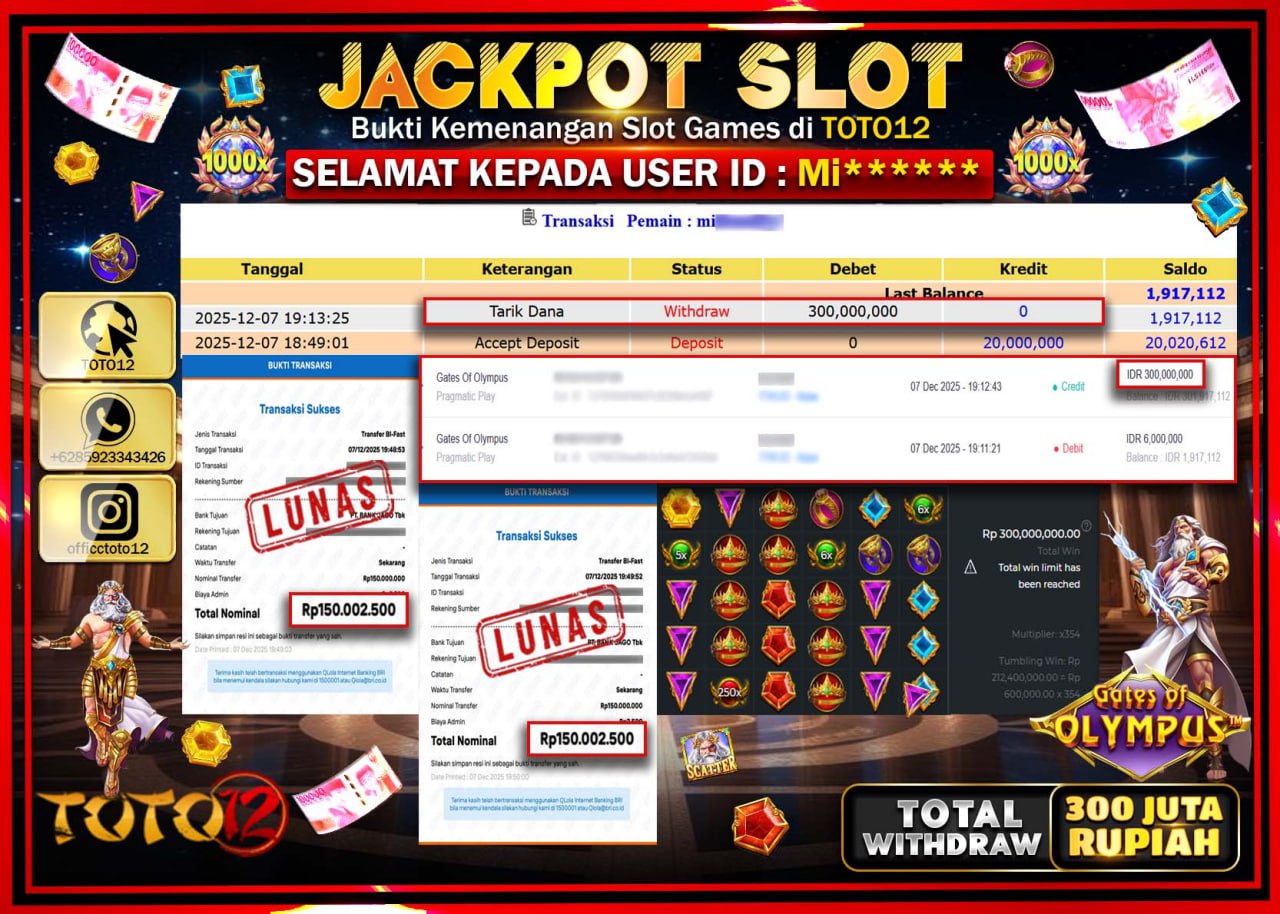 HANYA DI TOTO12 JP PASTI DI BAYAR LUNAS DAN CEPAT!!!!!! JACKPOT SLOT GAME (GATES OF OLYMPUS) Rp.300.000.000 !!!!