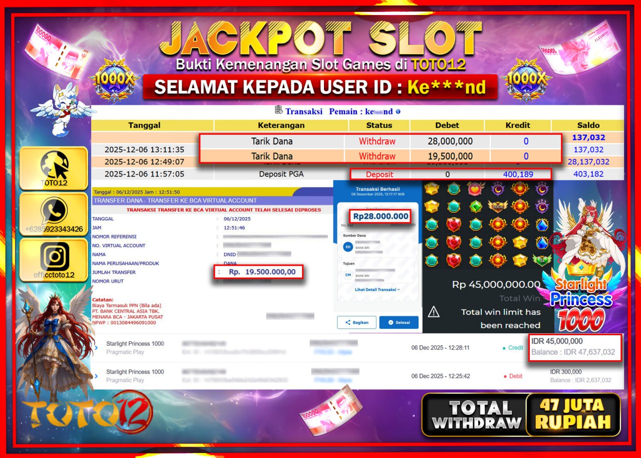 HANYA DI TOTO12 JP PASTI DI BAYAR LUNAS DAN CEPAT!!!!!! JACKPOT SLOT GAME (STARLIGHT PRINCESS 1000) Rp.47.500.000 !!!!