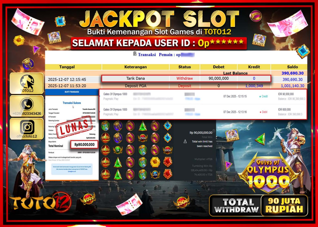 HANYA DI TOTO12 JP PASTI DI BAYAR LUNAS DAN CEPAT!!!!!! JACKPOT SLOT GAME (GATES OF OLYMPUS 1000) Rp.90.000.000 !!!!