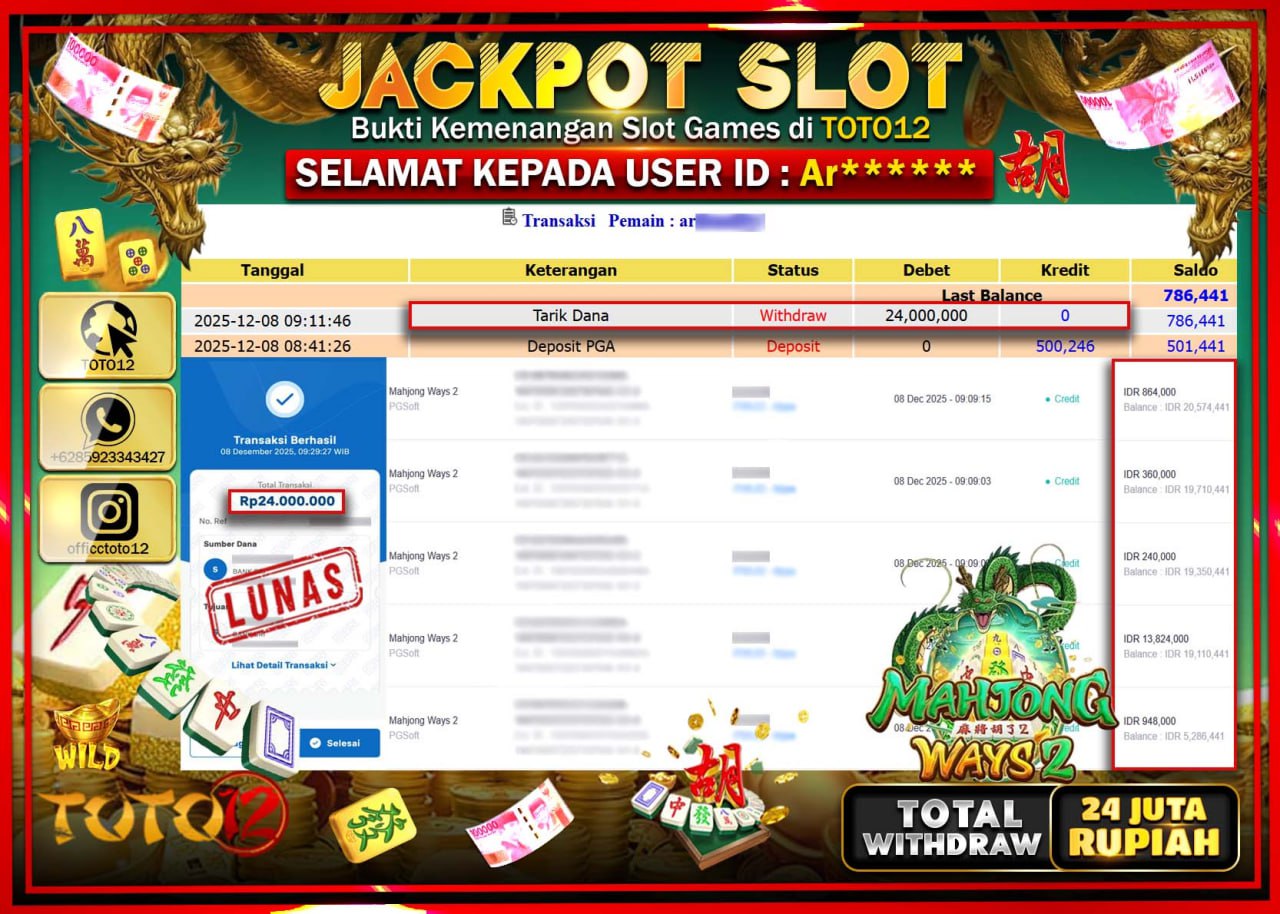 HANYA DI TOTO12 JP PASTI DI BAYAR LUNAS DAN CEPAT!!!!!! JACKPOT SLOT GAME (MAHJONG WAYS 2) Rp.24.000.000 !!!!