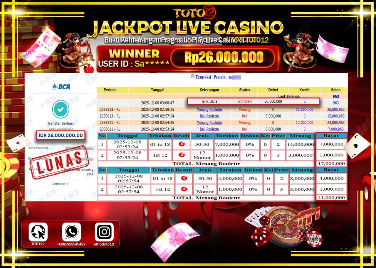 HANYA DI TOTO12 JP PASTI DI BAYAR LUNAS DAN CEPAT!!!!!! JACKPOT LIVE CASINO (ROULETTE) Rp.26.000.000 !!!!