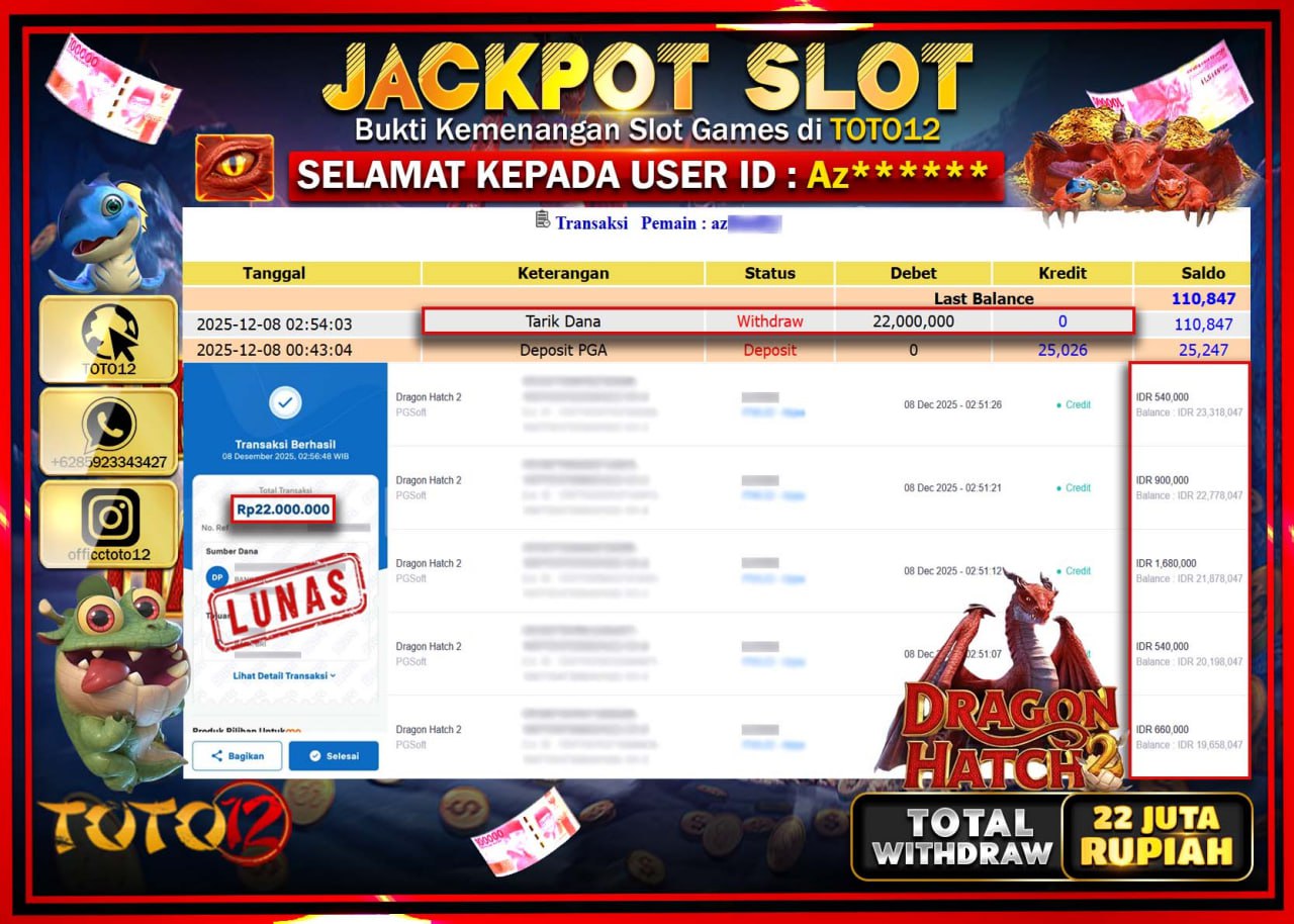 HANYA DI TOTO12 JP PASTI DI BAYAR LUNAS DAN CEPAT!!!!!! JACKPOT SLOT GAME (DRAGON HATCH) Rp.22.000.000 !!!!