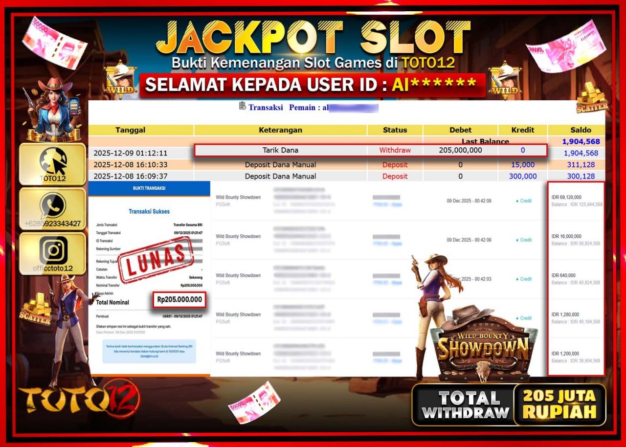 HANYA DI TOTO12 JP PASTI DI BAYAR LUNAS DAN CEPAT!!!!!! JACKPOT SLOT GAME (WILD BOUNTY SHOWDOWN) Rp.205.000.000 !!!!