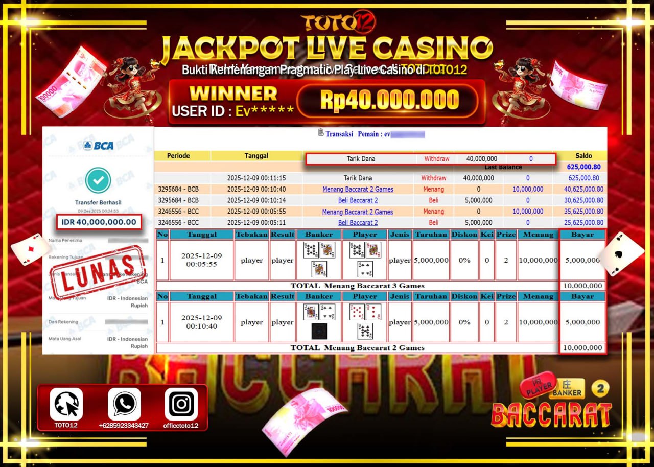 HANYA DI TOTO12 JP PASTI DI BAYAR LUNAS DAN CEPAT!!!!!! JACKPOT LIVE CASINO (BACCARAT 2) Rp.40.000.000 !!!!