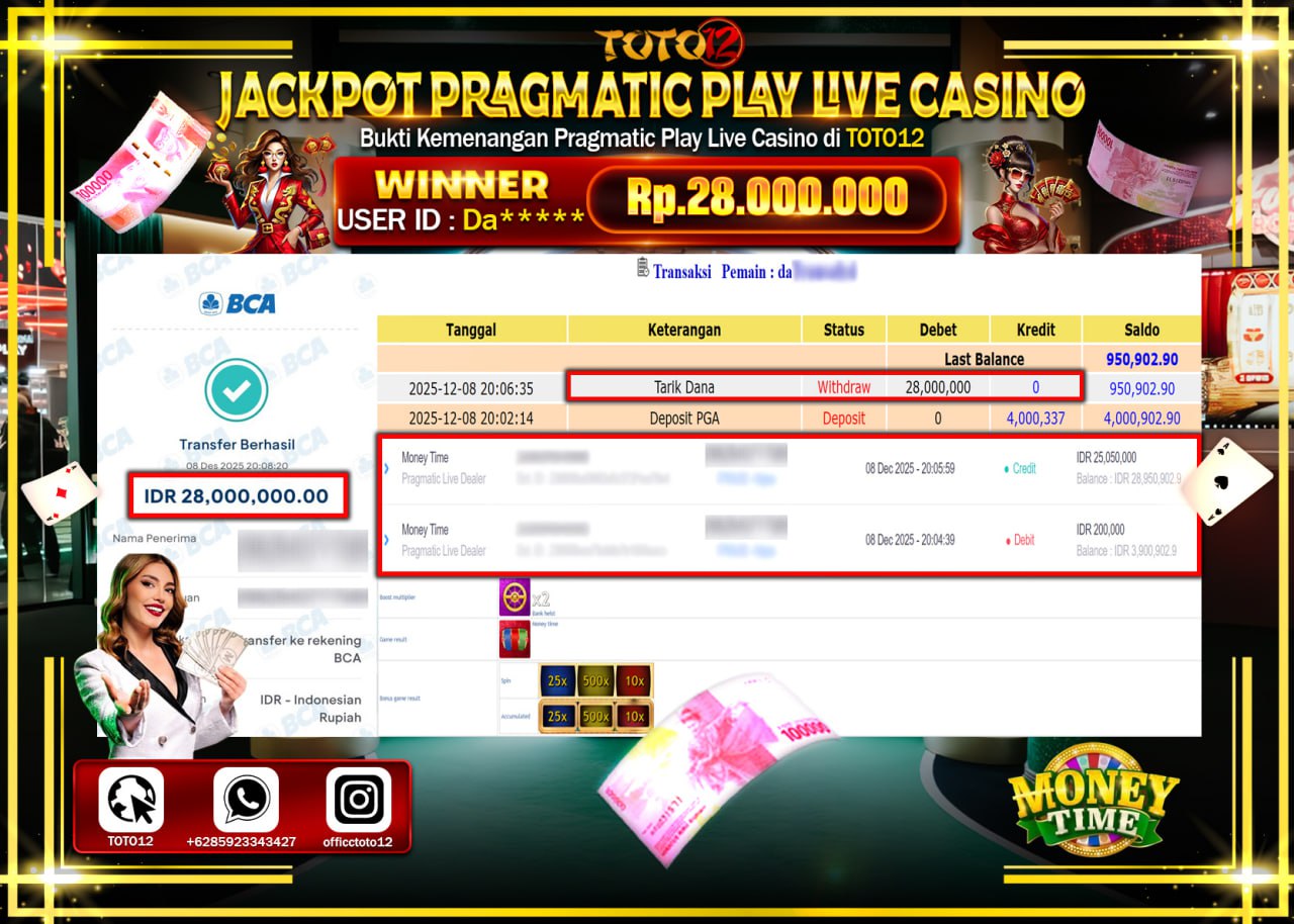 HANYA DI TOTO12 JP PASTI DI BAYAR LUNAS DAN CEPAT!!!!!! JACKPOT PRAGMATIC PLAY LIVE CASINO (MONEY TIME) Rp.28.000.000 !!!!