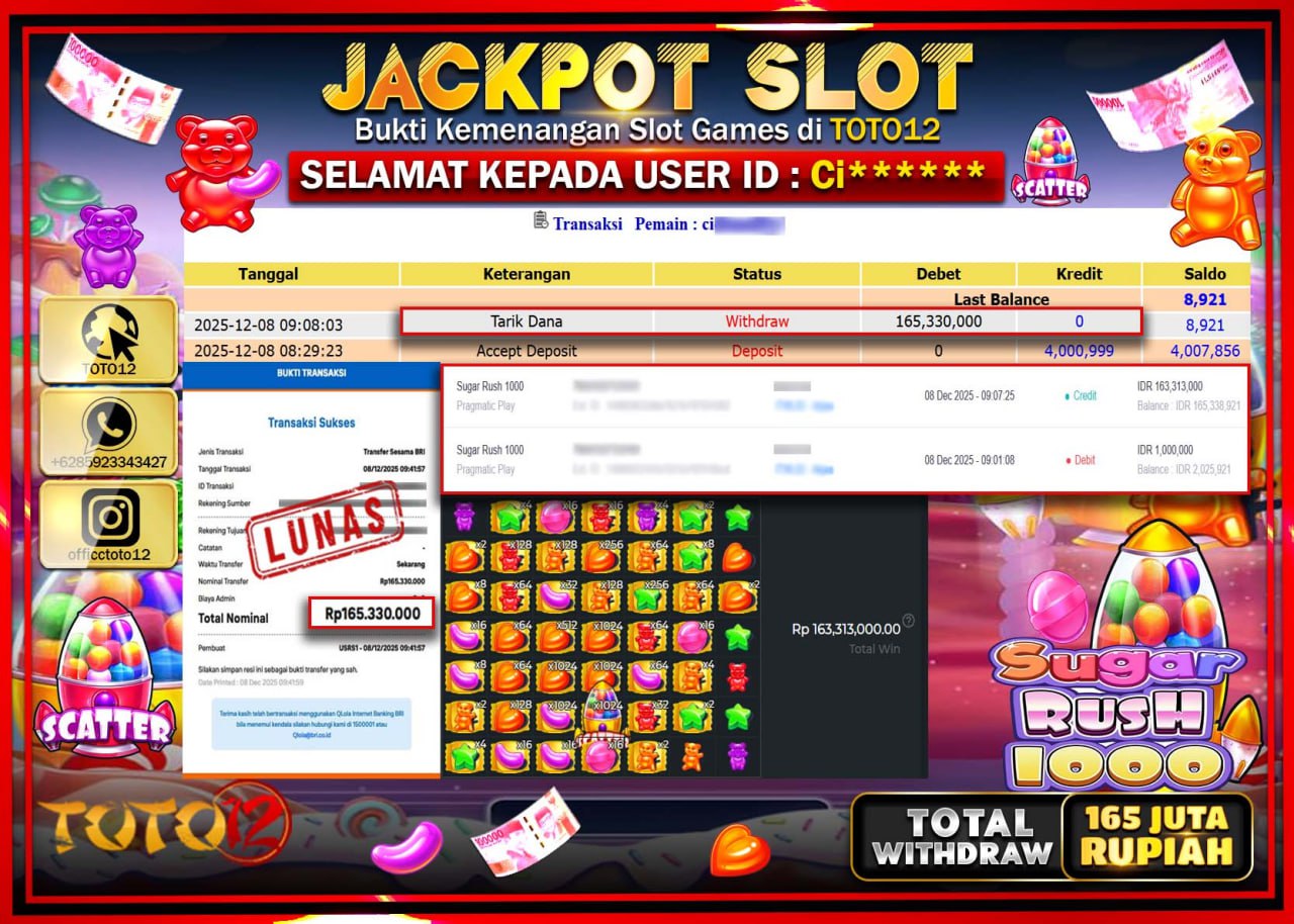 HANYA DI TOTO12 JP PASTI DI BAYAR LUNAS DAN CEPAT!!!!!! JACKPOT SLOT GAME (SUGAR RUSH 1000) Rp.165.330.000 !!!!