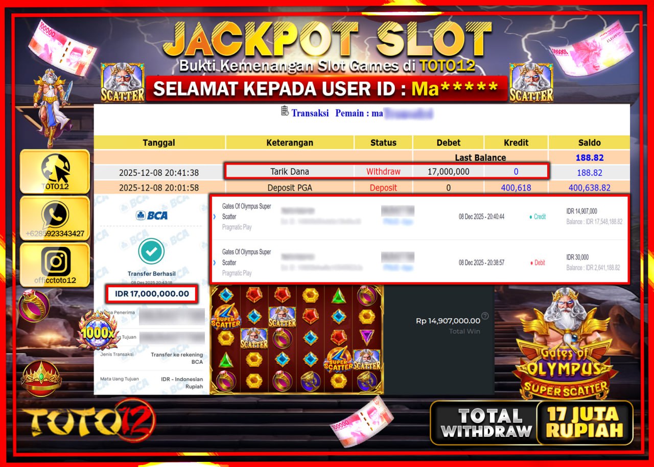 HANYA DI TOTO12 JP PASTI DI BAYAR LUNAS DAN CEPAT!!!!!! JACKPOT SLOT GAME (GATES OF OLYMPUS SUPER SCATTER) Rp.17.000.000 !!!!