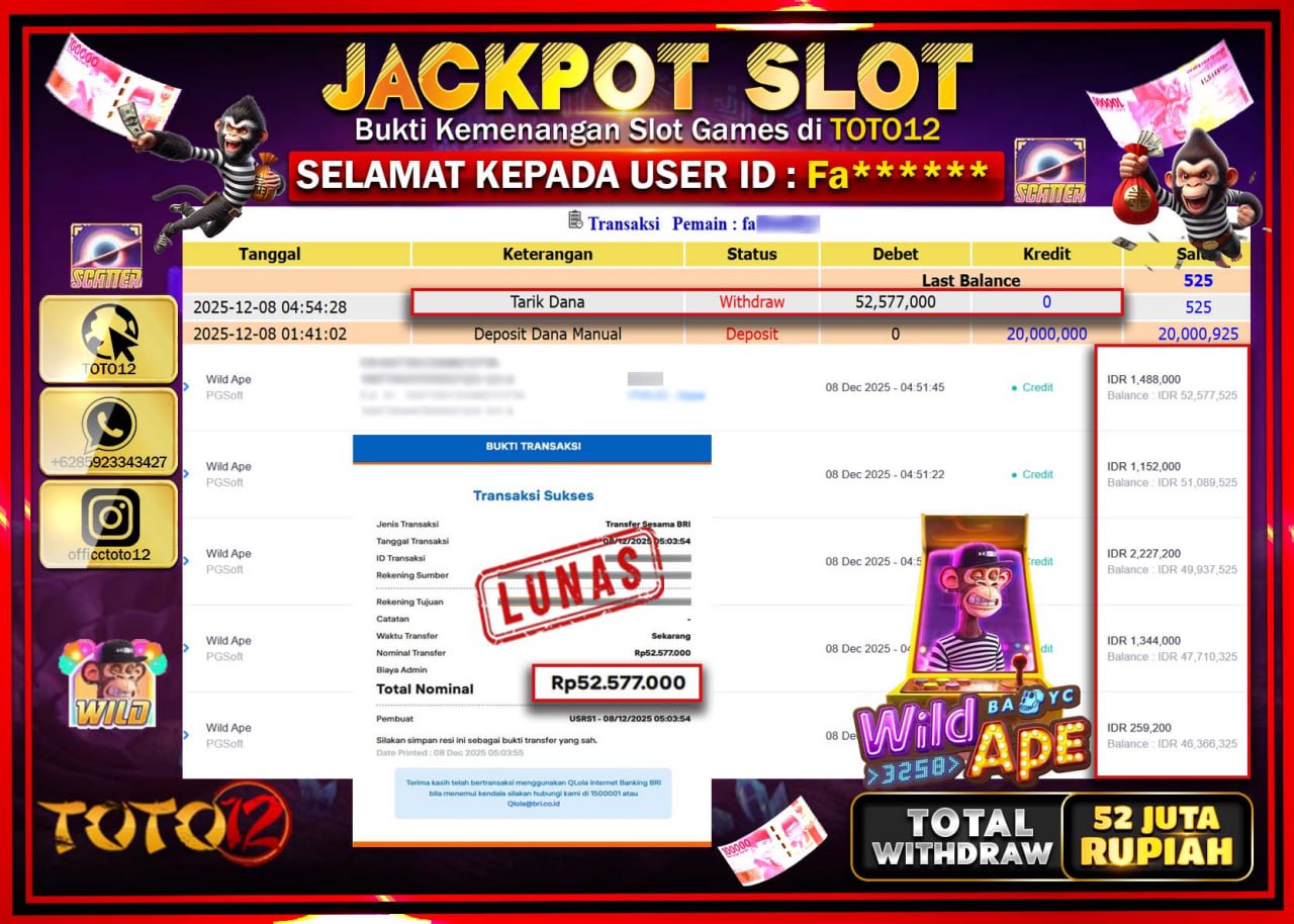 HANYA DI TOTO12 JP PASTI DI BAYAR LUNAS DAN CEPAT!!!!!! JACKPOT SLOT GAME (WILD APE) Rp.52.577.000 !!!!