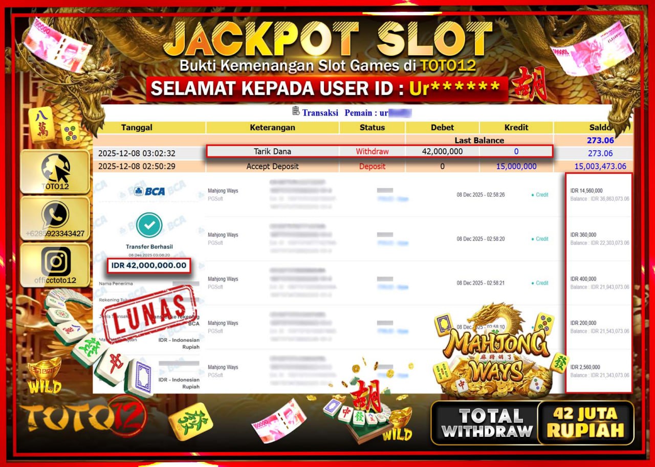 HANYA DI TOTO12 JP PASTI DI BAYAR LUNAS DAN CEPAT!!!!!! JACKPOT SLOT GAME (MAHJONG WAYS) Rp.42.000.000 !!!!
