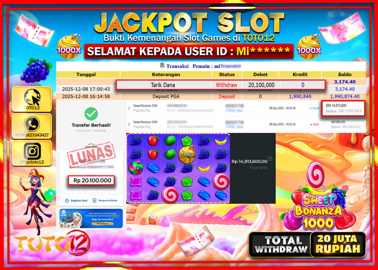 HANYA DI TOTO12 JP PASTI DI BAYAR LUNAS DAN CEPAT!!!!!! JACKPOT SLOT GAME (SWEET BONANZA 1000) Rp.20.100.000 !!!!