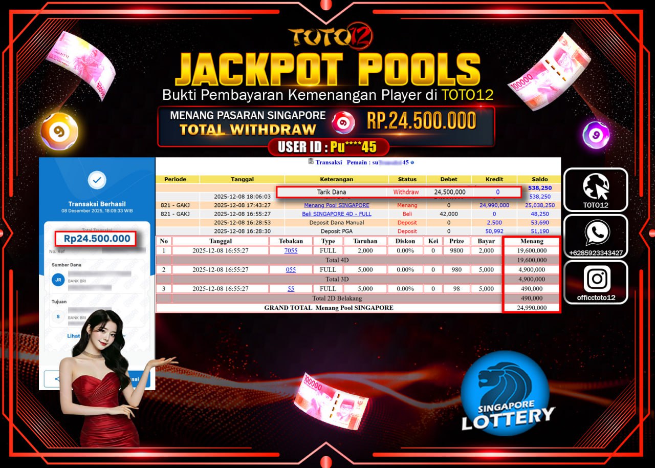 HANYA DI TOTO12 JP PASTI DI BAYAR LUNAS DAN CEPAT!!!!!! JACKPOT POOLS PASARAN (SINGAPORE) Rp.24.500.000 !!!!