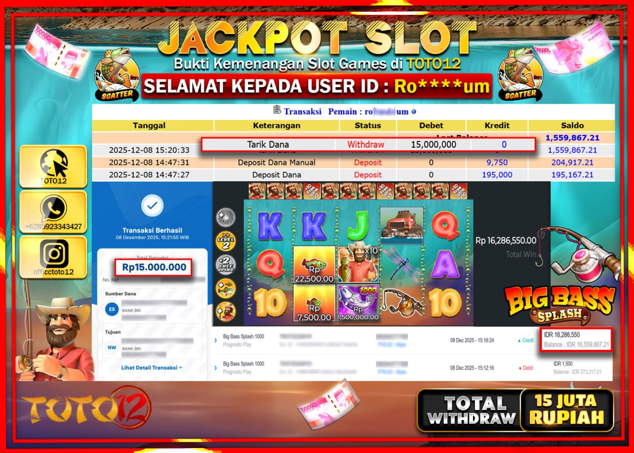 HANYA DI TOTO12 JP PASTI DI BAYAR LUNAS DAN CEPAT!!!!!! JACKPOT SLOT GAME (BIG BASS SPLASH 1000) Rp.15.000.000 !!!!