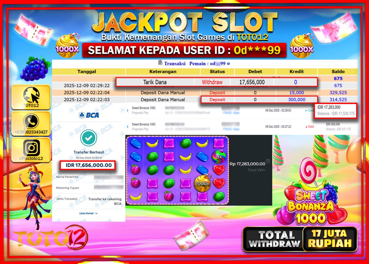 HANYA DI TOTO12 JP PASTI DI BAYAR LUNAS DAN CEPAT!!!!!! JACKPOT SLOT GAME (SWEET BONANZA 1000) Rp.17.656.000 !!!!