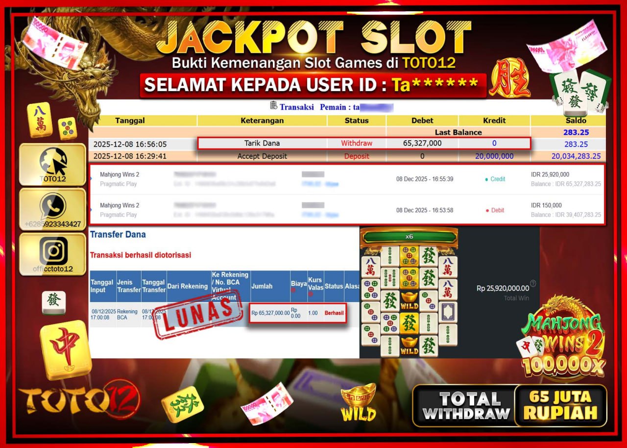 HANYA DI TOTO12 JP PASTI DI BAYAR LUNAS DAN CEPAT!!!!!! JACKPOT SLOT GAME (MAHJONG WINS 2) Rp.65.327.000 !!!!