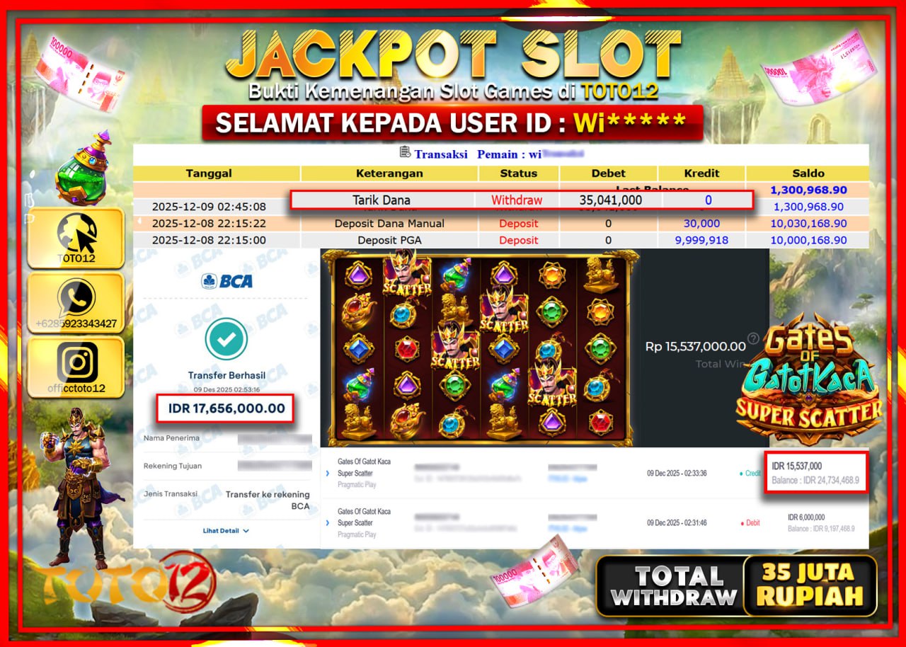 HANYA DI TOTO12 JP PASTI DI BAYAR LUNAS DAN CEPAT!!!!!! JACKPOT SLOT GAME (GATES OF GATOT KACA SUPER SCATTER) Rp.35.041.000 !!!!