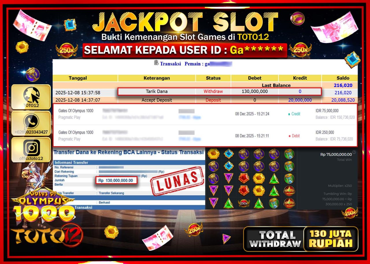 HANYA DI TOTO12 JP PASTI DI BAYAR LUNAS DAN CEPAT!!!!!! JACKPOT SLOT GAME (GATES OF OLYMPUS 1000) Rp.130.000.000 !!!!