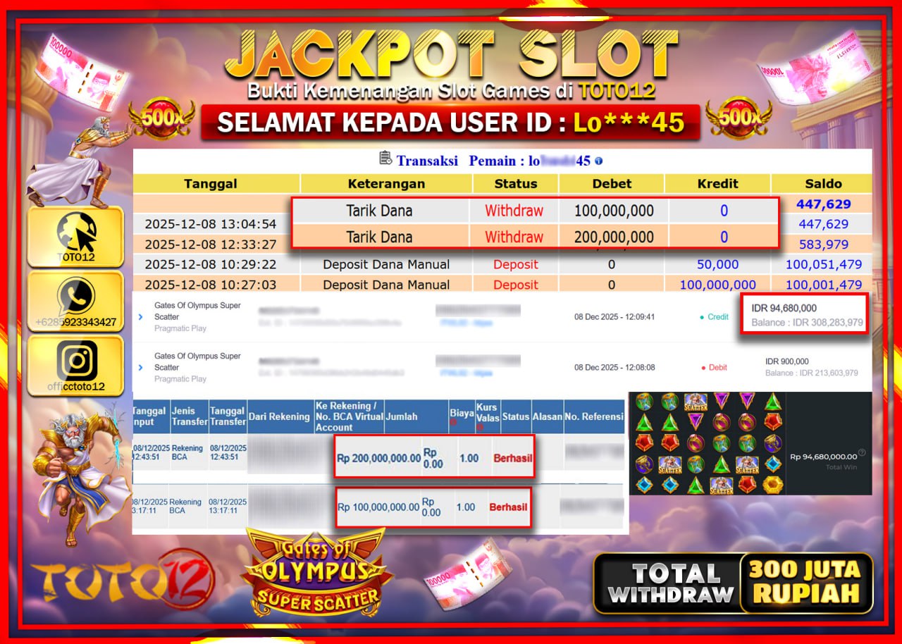 HANYA DI TOTO12 JP PASTI DI BAYAR LUNAS DAN CEPAT!!!!!! JACKPOT SLOT GAME (GATES OF OLYMPUS SUPER SCATTER) Rp.300.000.000 !!!!
