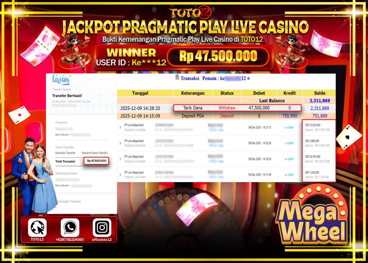 HANYA DI TOTO12 JP PASTI DI BAYAR LUNAS DAN CEPAT!!!!!! JACKPOT PRAGMATIC PLAY LIVE CASINO (MEGA WHEEL) Rp.47.500.000 !!!!